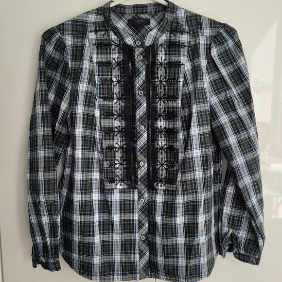 J Crew Embellished Button-Up Shirt in Forest Tartan Glen Plaid Size Petite S - Picture 2 of 7